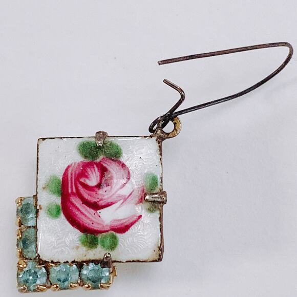 VTG 1950s Enamel Earrings Reverse Painted Guilloché Rose Aqua-Blue Rhinestones - Picture 8 of 12